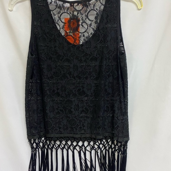 Black Lace Top Size Large with Fringe See Through Not Lined  By One Star - Picture 7 of 9